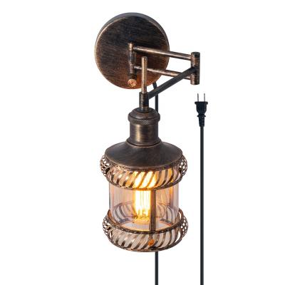 China Industrial Farmhouse Dimmable Swing Arm Wall Lamp Wire or Plug In Wall Sconce Vintage Rustic Bedside Reading Lamp for sale