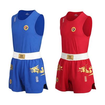 China Custom Polyester/Cotton Wesing IWUF Approved Sanda Uniform Blue Red Wushu Training Wesing Sanda Uniform for sale