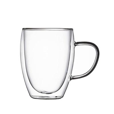 China Low Price 330ml Sustainable Glass Mug Print Insulated Double Wall Handle Borosilicate Glass Coffee Tea Mug for sale