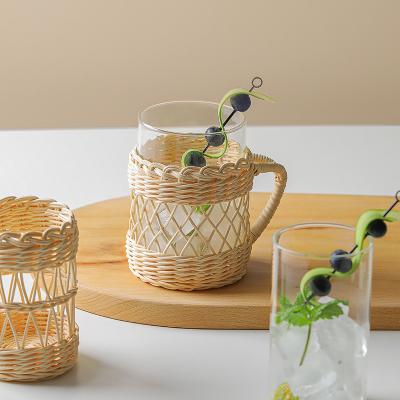 China CLASSIC Cappuccino Cup Drinkware Vintage Rustic Hand & Woven Rattan Bamboo Cup Holder For Coffee Tea 1670 for sale