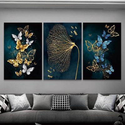 China 3 PCS Butterfly Wall Art Classic Aromatic Decor Art Canvas Prints Plant Wall Nest Home Decoration Sets Accessories Gold Flowers for sale