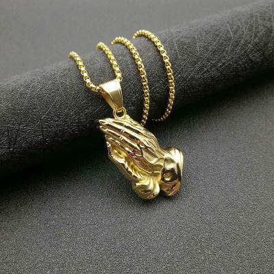 China 2021 Hiphop New Arrival Hip Hop Stainless Steel Gold Plated Catholic Prayer Hand Pendant RFJEWEL For Men for sale