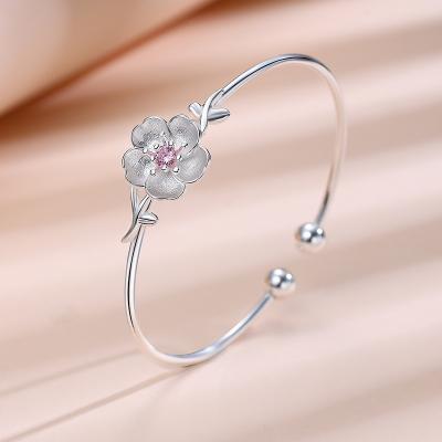 China RFJEWEL Wholesale Romantic Lovely High Quality Flower Bangle Silver Bracelet For Women As Valentine's Gift for sale