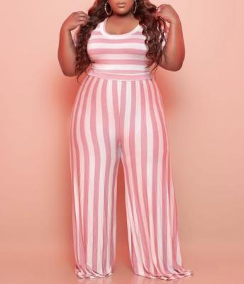 China Breathable Short Sleeve Pink / Black Stripes Office Wide-Leg Overalls O-Neck Woman Suits Two Piece Professional for sale