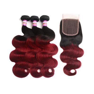 China Wholesale Body Wave Ombre Hair 3 Bundles Burgundy Brazilian Two Tone Virgin Hair Weave With Lace Closure for sale