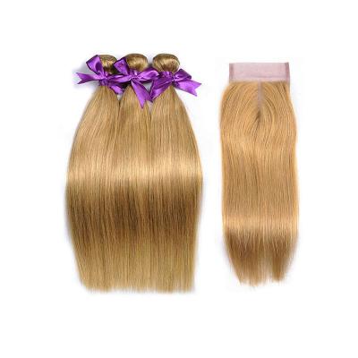 China Good Quality Color #27 Honey Blonde Brazilian Virgin Hair Silky Straight Human Hair Straight Wave Hair Bundles With 4*4 Lace Closure for sale