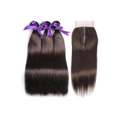 China Dark Brown Silky Straight Hair Weave Color #4 Straight Wave Hair Bundles With Closure, Brazilian Virgin Colored Hair Extension for sale