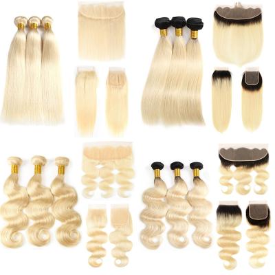 China Can Be Wholesale Price 613 Bleached Brazilian Straight Hair Bundles With Ear To Ear Lace Closure Ombre Blonde Hair Frontal Extensions for sale