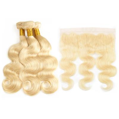 China Wholesale Price Body Wave Brazilian Hair Body Wave 613 Bundles With Ear To Ear 13*4 Lace Frontal Blonde Hair Extensions for sale