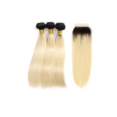 China High Quality Cuticle Straight Blonde 1B/613 Straight Human Hair Bundles With Free Closure Brazilian Hair 4x4 Lace Part Online Shopping for sale