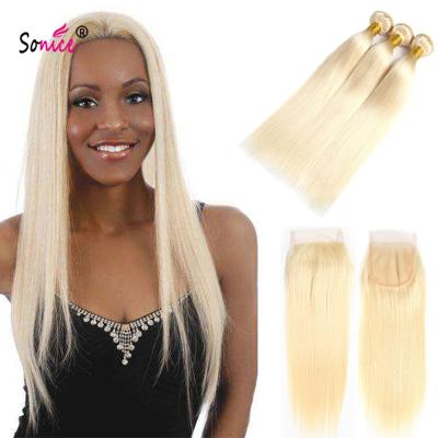 China 100% Virgin Hair Bundles Blonde #613 Pure Color Brazilian Hair Bundles With Free Part 4*4 Lace Closure for sale