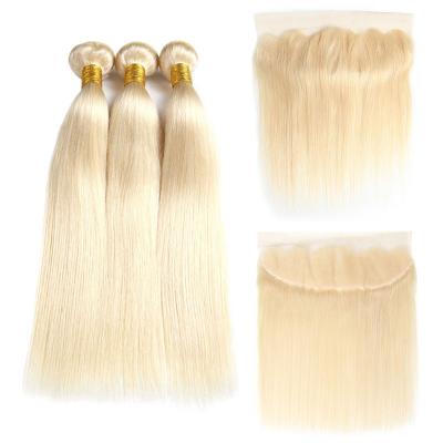 China Natural Wave 613 Color Weave Hair Blonde Brazilian Hair Bundles With 13*4 Lace Frontal Silky Straight 613 Blonde for sale