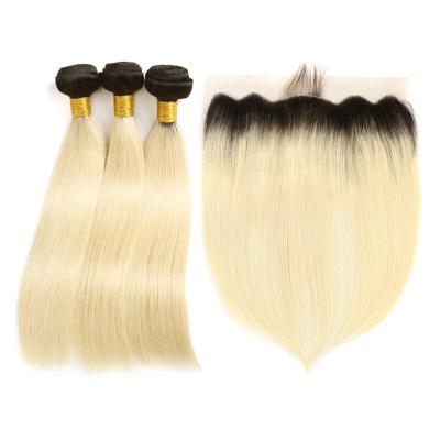 China Wholesale 1B 613 Ombre Color Brazilian Hair Natural Wave Blonde Human Hair Bundles With 13*4 Lace Headband for sale