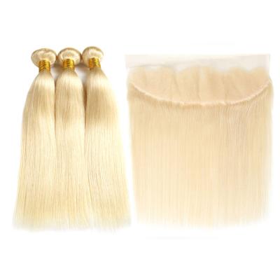 China Elite Sale Hot Silky Straight Blonde 613 Cuticle Aligned Brazilian Raw Virgin Hair Weave Bundles With Frontal Straight Blonde #613 Hair for sale