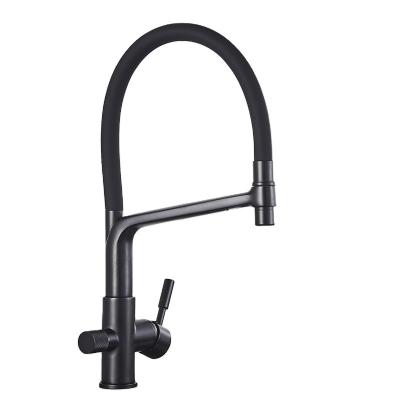 China Modern Durable Matte Black Brass Kitchen Sink Three Way Faucet Brushed Nickel Handle Water Sleek Double Kitchen Mixer Tap for sale