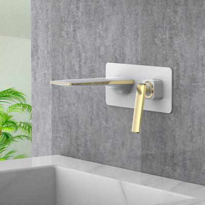 China Modern Hotel Faucets White Gold Metered Luxury Brass Lever Handle Wall Mounted Mixer Taps Bathroom Waterfall Sink Basin Faucet for sale