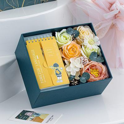 China Eco-friendly new design artificial soap flower gift set with notebook flowers gift box for birthday wedding valentine gift set for sale