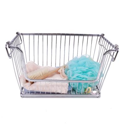 China Sustainable Kitchen Pantry Metal Wire Storage Bin Bathroom Stacking Basket Rectangular Stackable Wire Basket for sale