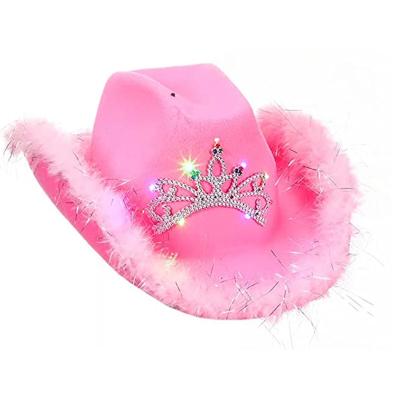 China High Quality Feathered Western Cowboy Hat With Sequins Colored Diamonds With Crown Light Pink Cowboy Hats for sale