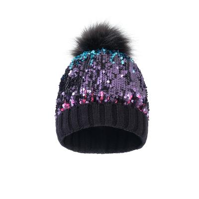 China COMMON Winter Bling Fuzzy Glitter Girls Women Warm Soft Sequins Knitted Wool Pom Pom Beanie Hats for sale