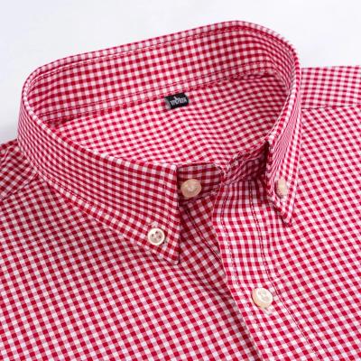 China Anti-pilling Men's Standard-Fit Sleeve Shirts Patch Pocket Soft Thin 100% Cotton White White/Red Lines Checked Plaid Casual Shirt for sale