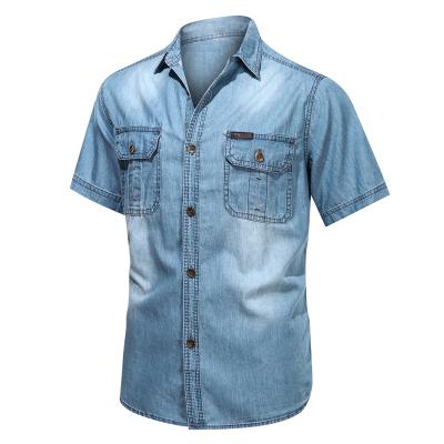 China High Quality Anti-pilling Denim Elastic Slim Fit Men Shirt Short Sleeve for sale