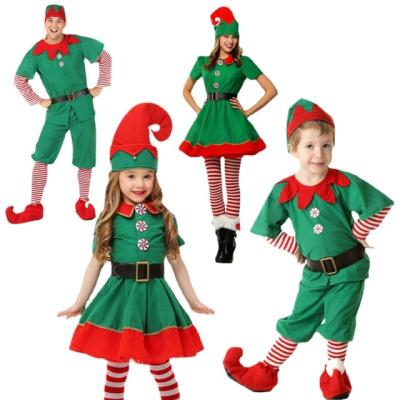 China Wholesale Hot Selling Pile Cosplay Green Belt Stack Christmas Elf Costume Dress Stocking Hat Four Piece Costume Christmas Clothes for sale