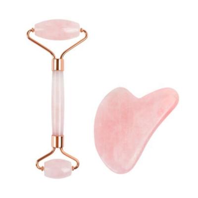 China The Natural Pink Rose Quartz Jade Face Roller Body And Scrape Massager Board Heart Gua Sha Tool Kit Without Gift Box Package for sale