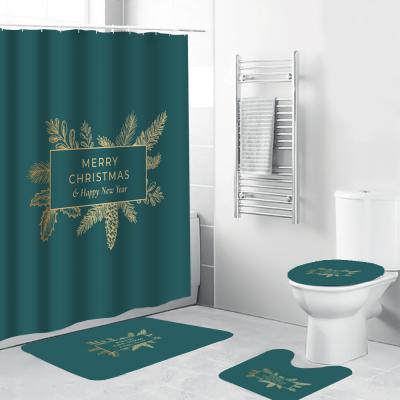 China Sustainable Christmas Elks Polyester Custom Design Hotel Bathroom 4 Piece Shower Curtain Set Bath Cover for sale