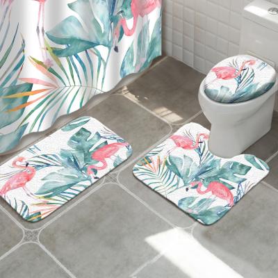 China Sustainable Flamingo Design Printing Non Slip Bath Mat Bathroom Set Bath Accessory Set for sale