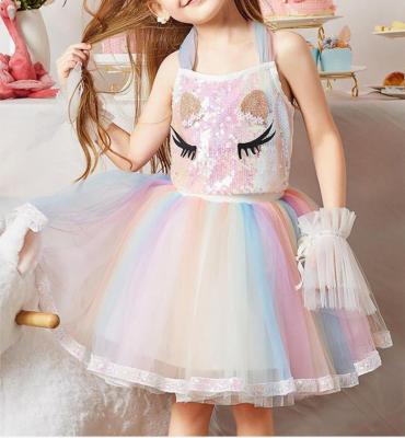 China New Arrival Sweet Nice Quality Girls Dress Unicorn Puffy Princess Dress Children Suit Sequined Top Rainbow Mesh for sale