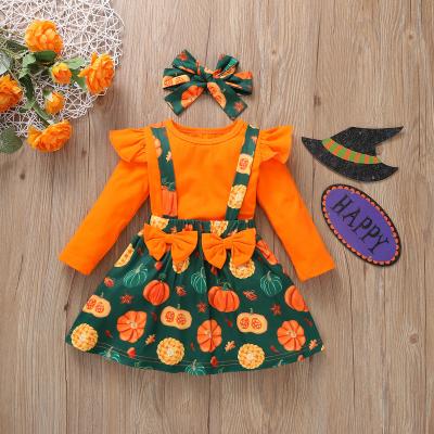 China Summer Halloween Breathable Baby Clothes Headband T-shirt Bow Print Baby Outfit Ruffled Suspender Skirt 3 Pcs Costume for sale