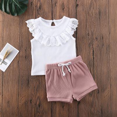 China Summer Breathable Babies Solid Color Knitted Cotton Sleeveless Soft Lace Tank Top Shorts 2 Pcs Suit for sale