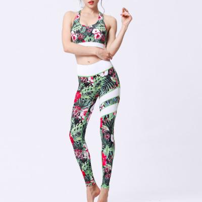 China Anti-pilling Summer Top Waist Shorts Yoga Outfits Flower Print Pattern Knitted Stretch Sports Yoga Suit 2 Pcs For Women for sale