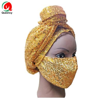 China Queency Popular Sequin Headtie Match MAS k for Ladies African Fashionable Head Wrap and MAS k to Match for sale