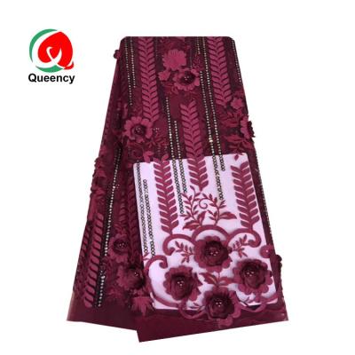 China Queency Viable High Quality 3D Flower Embroidery Lace Fabric Beaded Sequined Tulle Lace Fabric For Party for sale