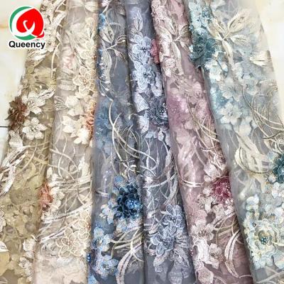 China Queency Fashion Embroidery Nigerian Bridal Lace Fabric Viable African Flower Lace Up Tulle Sequin Fabric Dress for sale