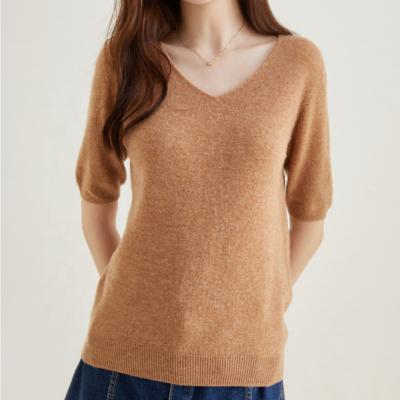 China Anti-Wrinkle Merino Wool Sweater Women Spring Summer V-Neckline 100% Short Sleeve Lightweight Knitted Pullover Tops for sale