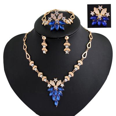 China Vintage Crystal Jewelry Set Gem Charm Vintage Wedding Drop Necklace Female Earrings & Bracelet Jewelry Set Bridal Long Chain Necklace for sale