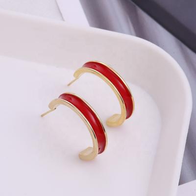 China Eco-Friendly Simple Fashion Women's CC Stud Earrings Enamel Gold-plating Geometry Red Circle Earrings for sale