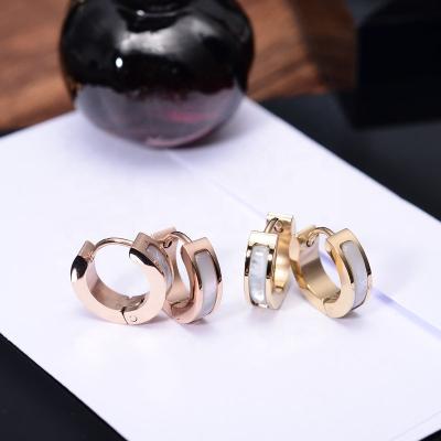 China Small 14mm Gold Color Hoop Earrings Stainless Steel Environmental Friendly Trending Stability Inlaid Shell Huggies Earrings Halo Women Earrings for sale