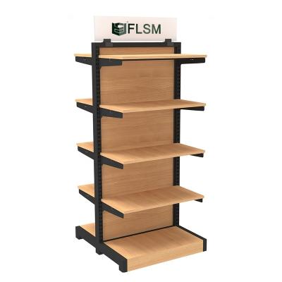 China Double Sided FLSM OEM/ODM Customized 2022 New Design 630mm Length Wooden&Steel Display Rack Double Side Showcase Cabinet for sale