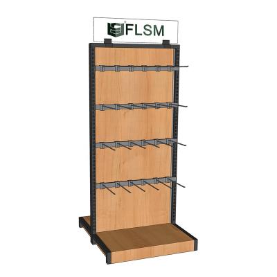 China Hot Sale FLSM OEM/ODM Double Sided Store Shelves Show Store Rack 630mm Length Wooden&Steel Double Side Display Rack With Hook for sale