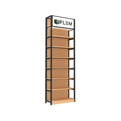 China Flsm Single Sided Wooden Drawings Designs OEM/ODM Metal Grocery Product Display Standee Racks With Billboard Frame for sale