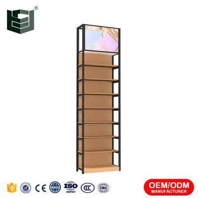 China Flsm Single Sided Wooden Drawings Designs OEM/ODM Store Stretch Grocery Steel Single Side Display Rack With Billboard Frame for sale