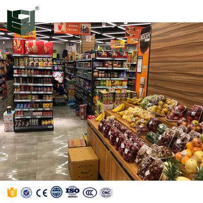 China Display Products Flsm Customized/OEM/ODM Wooden Display Showroom Fixtures Double Sided Deli Display Stand Rack For Deli for sale