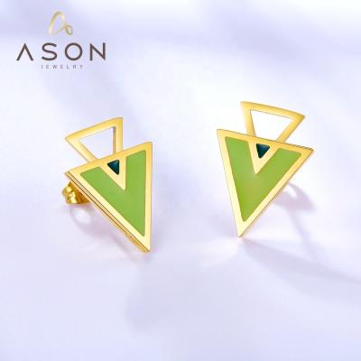 China 2022 Wholesale Fashion All-match Factory Price Triangle Earring Jewelry Stainless Steel 18k Gold Plated Green Oil Drop Triangle Stud Earrings for sale