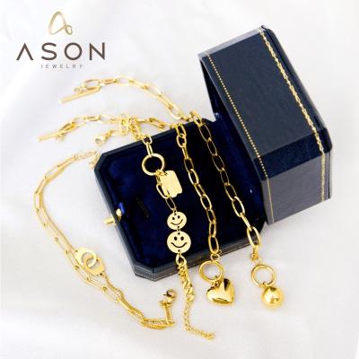 China Ason Environmental Friendly Women's Jewelry Wholesale Stainless Steel 18K Gold Plated Heart Smiley Charm Stainless Steel Bracelet Steel Ball Bracelet for sale