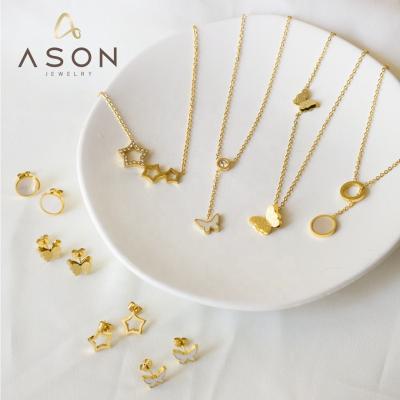 China Ason Earrings and Pendants Environmental Friendly Necklace Set Wholesale Non-tarnish Stainless Steel Gold Plated Star Butterfly Jewelry Set For Women for sale