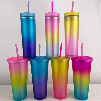 China 22oz 2021 Modern Double Wall Tumbler Modern Sublimation Rainbow Reusable Cold Straight Skinny Mug with Lid and Straw for sale